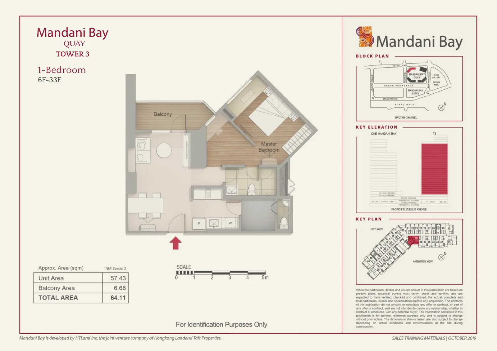 Mandani Bay Quay Tower 3 1-Bedroom Special 2 floor plan, 64.11 sqm total area, 6F–33F